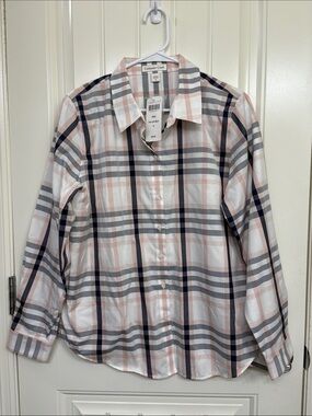 NWT‎ Coldwater Creek Pink & Navy Plaid Button-Down Shirt